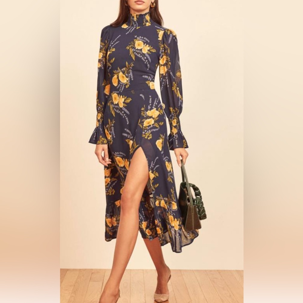 Reformation Stevi blue & yellow floral smocked high neck midi dress with slit 6